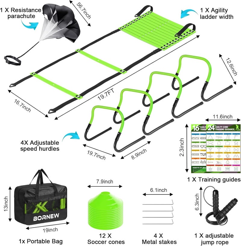 BORNEW Agility Speed Training Equipment Set, Football Practise Set with 20ft Agility Ladder, 12 Cones, 4 Adjustable Hurdles, Jump Rope, Parachute, for Basketball, Soccer, Football, Kids, Youth, Adults - Image 2